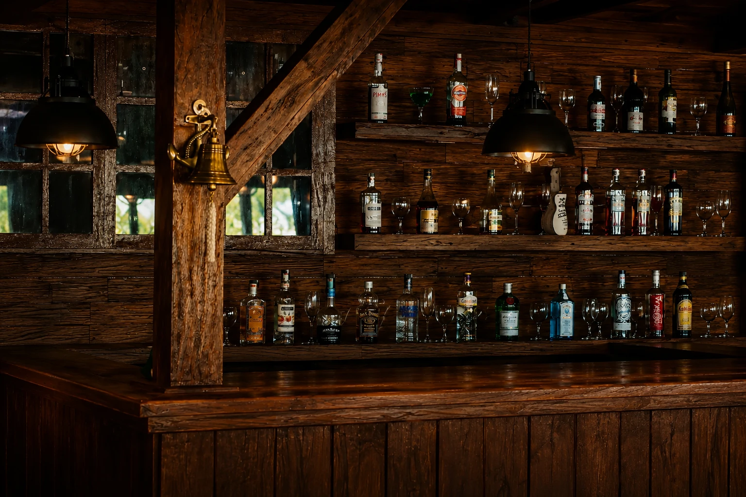 Wood-beamed bar counter with brass bell at the Pedro Barn Hotel pub