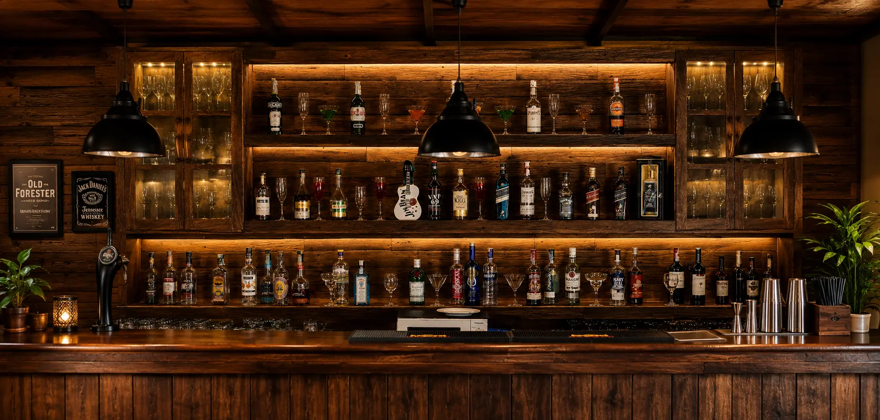 Fully stocked rustic timber bar shelves at the Pedro Barn Hotel pub